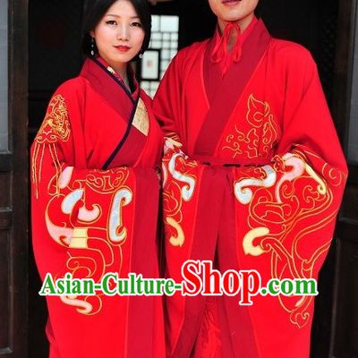Ancient Chinese Red Hanfu Wedding Dress Two Complete Sets for Bride and Bridegroom