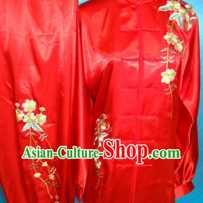 Chinese Classical Red Embroidered Flower Kung Fu Clothing Set for Women