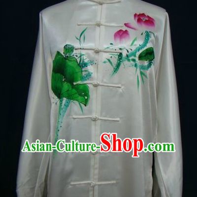 Chinese Classical White Hand Painted Lotus Kung Fu Uniform for Women