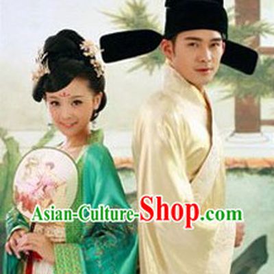 Ancient Chinese Tang Dynasty Wedding Couple Costumes and Hat