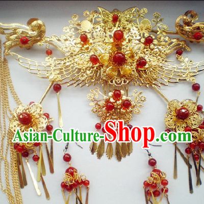 Chinese Classical Handmade Wedding Phoenix Crown and Earrings Complete Set