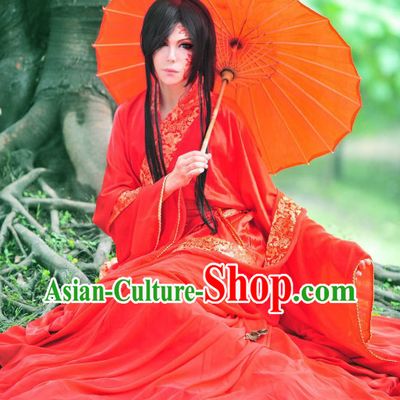 Ancient Chinese Red Costumes with Long Trail