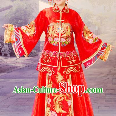 Chinese Classic Embroidered Phoenix Wedding Dress Complete Set for Brides