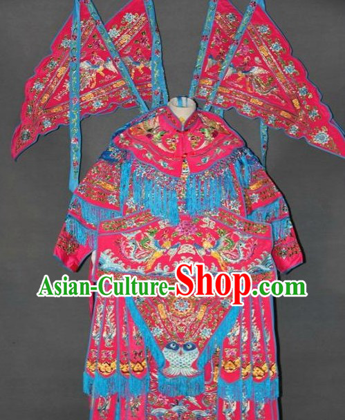 Ancient Chinese Embroidered Phoenix Armor Costumes with Flags for Women