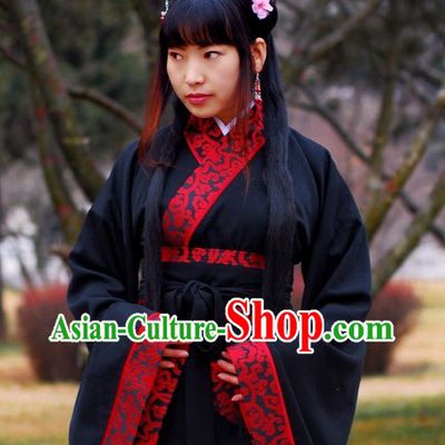 Ancient Chinese Empress Black Clothing with Embroidered Red Trim