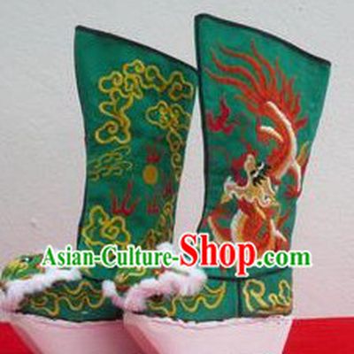 Traditional Chinese Green Embroidered Dragon High Heel Boots