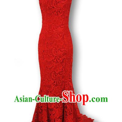 Supreme Long Tail Red Lace Palace Wedding Cheongsam Qipao for Brides