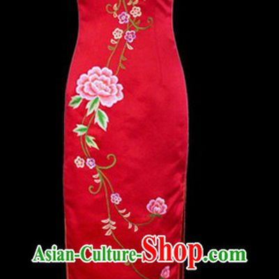 Classical Red Embroidered Peony Silk Long Cheongsam