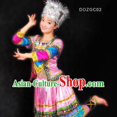 Traditional Chinese Dong Minority Dance Clothes and Hat for Women