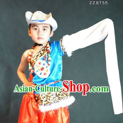 Traditional Chinese Tibetan Dance Costumes and Hat for Kids