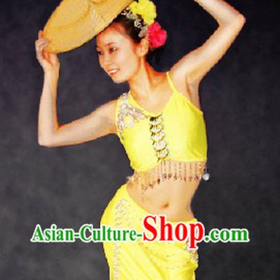 Traditional Chinese Dai Ethnic Dance Costumes and Head Pieces for Women