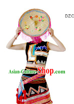 Traditional Chinese Dai Ethnic Dance Costume and Bamboo Hat Complete Set for Women