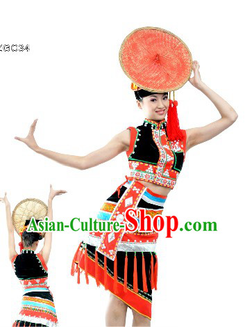 Traditional Chinese Dai Dance Costumes and Bamboo Hat Complete Set for Women