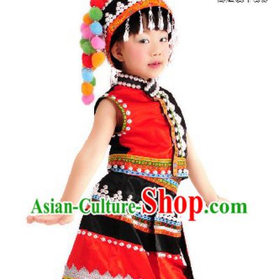 Traditional Chinese Dai Dance Costumes and Bamboo Hat Complete Set for Children