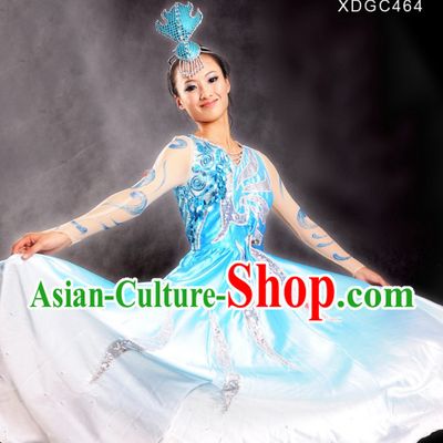 Chinese Blue Color Transition Stage Performance Opening Dance Costumes and Head Pieces