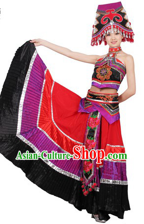 Traditional Chinese Yi Minority Dance Costume and Hat for Women