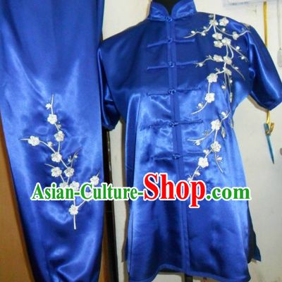 Chinese Classical Blue Embroidered Plum Blossom Tai Chi Uniform