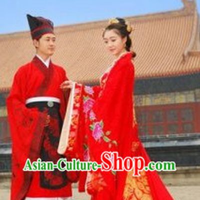 Ancient Chinese Golden Phoenix Hanfu Wedding Dresses Two Complete Sets for Men and Women