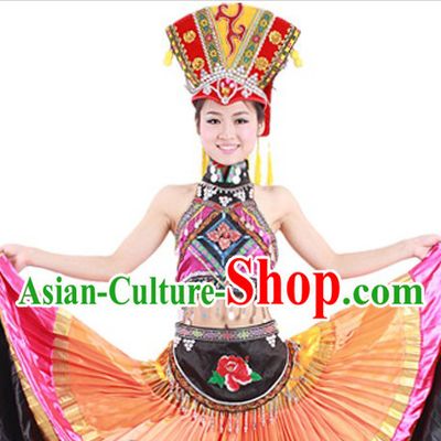 Traditional Chinese Yi Nationality Ethnic Attire and Hat for Women