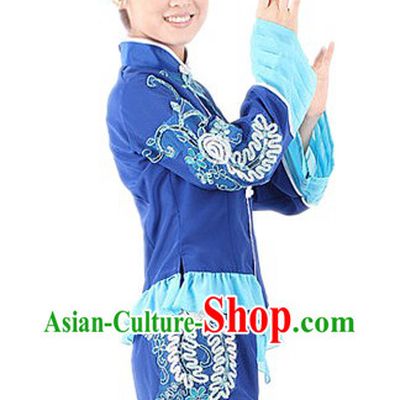 Traditional Chinese Blue Flower Fan Dancing Suit for Women