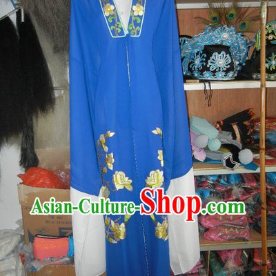 Blue Chinese Opera Stage Performance Embroidered Flower Long Robe for Men