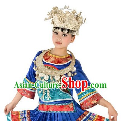 Traditional Chinese Miao Ethnic Dresses and Silver Hat for Women