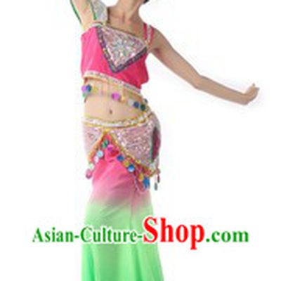 Traditional Chinese Dai Minority Dance Costume and Headpiece for Women
