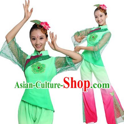 Traditional Chinese Fan Dance Costume and Headpiece for Women