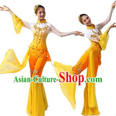 Chinese Stage Performance Ribbon Handkerchief and Fan Dance Costumes and Headwear for Women