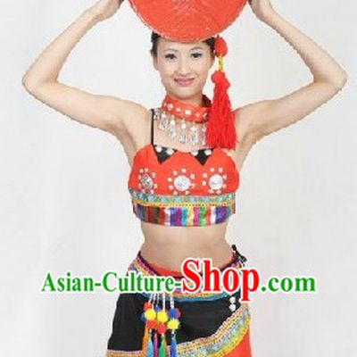 Traditional Chinese Dai Dance Costumes and Hat for Women