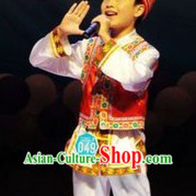 Traditional Chinese Haozhe Minority Dance Costumes and Hat for Kids