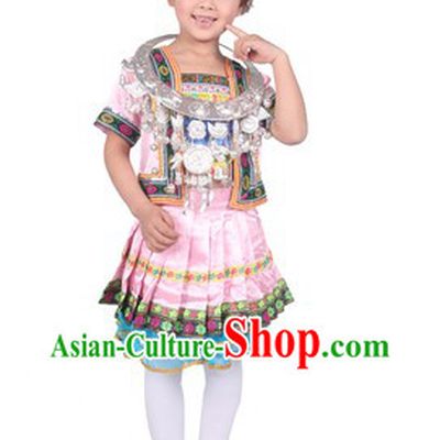 Pink Chinese Miao Ethnic Group Clothes and Hat for Kids