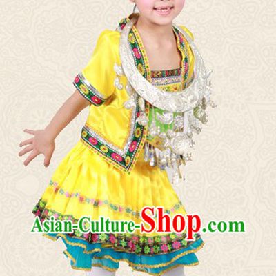 Yellow Chinese Miao Ethnic Group Clothes and Hat for Children