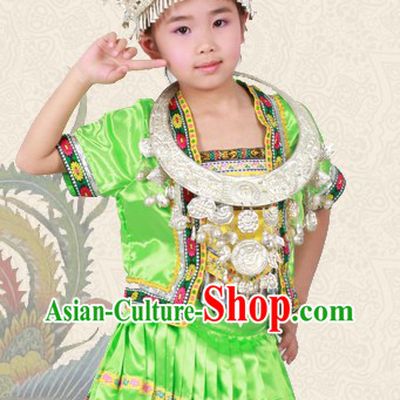 Green Chinese Miao Ethnic Group Clothing and Hat for Children