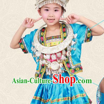 Blue Chinese Miao Ethnic Group Clothing and Hat for Children