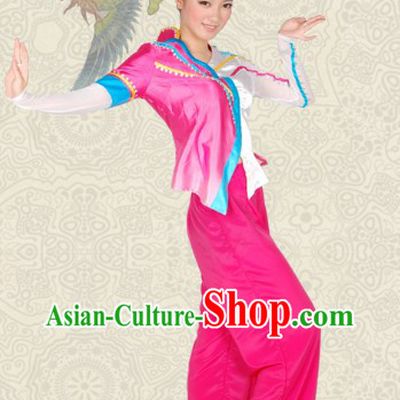 Folk Chinese Fan Dance Costumes and Headwear Complete Set for Women