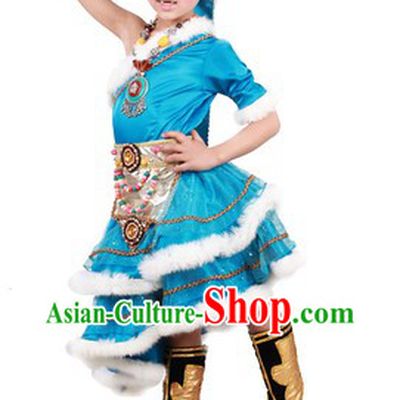 Blue Chinese Tibetan Minority Dance Costumes and Headwear for Kids