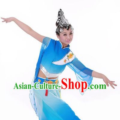 Blue Festival Celebration Stage Performance Fan Dance Costume and Headwear for Women