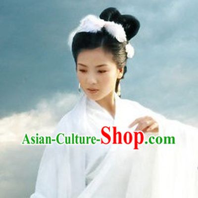 Ancient Chinese Wife White Costumes and Headwear for Women