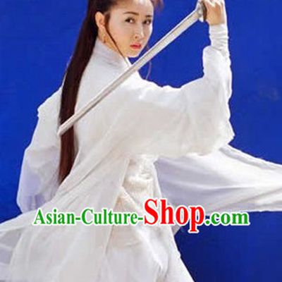 Ancient Chinese White Swordsman Costumes and Headwear for Women