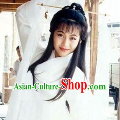 Ancient Chinese White Guzhuang Costumes and Headwear for Women