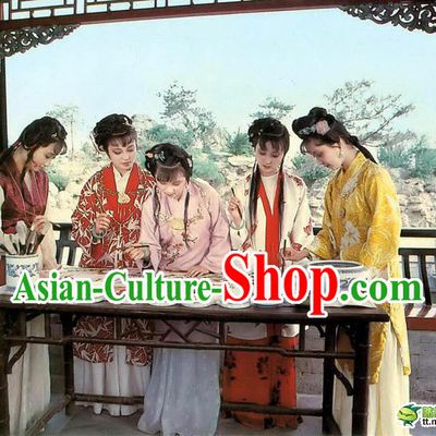 Ancient Chinese Dream of Red Chamber Costumes and Hair Accessories for Five People