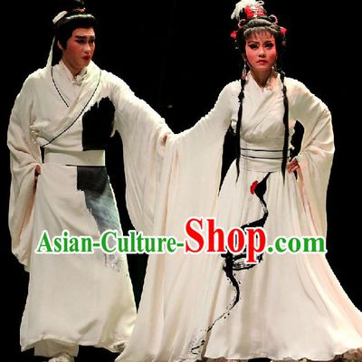 Traditional Chinese Huangmei Opera White Crane Costumes Two Complete Sets for Women and Men