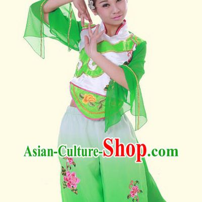 Traditional Chinese Green Fan Dance Costumes and Headpieces for Women