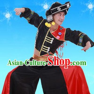 Traditional Chinese Yi Minority Dance Costumes and Headpieces for Men