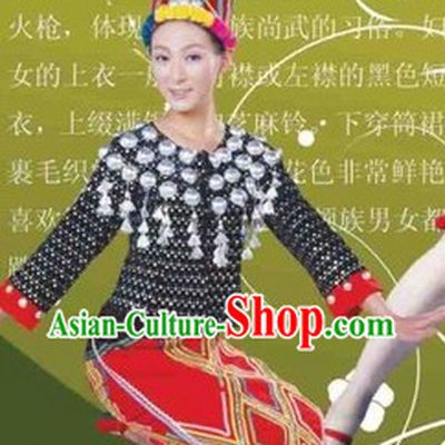 Traditional Chinese Jingpo Minority Dresses and Hat Complete Set for Women