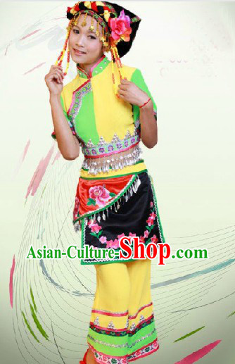 Custom Made Traditional Chinese Ethnic Minority Dresses and Hat Complete Set for Women