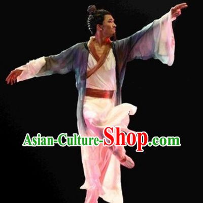 Chinese Classical Dance Costume and Hair Accessories Complete Set for Men