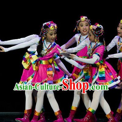 Stage Performance Tibetan Dance Costumes and Headwear Complete Set for Kids