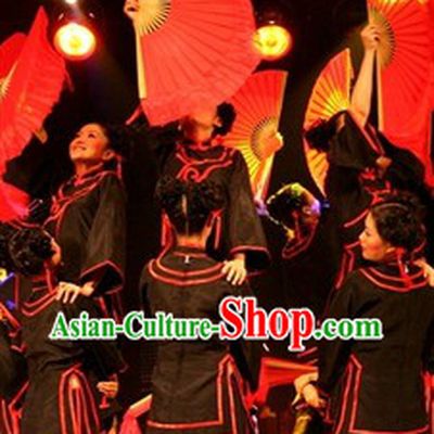 Stage Performance Black Fan Dance Costumes and Headwear Complete Set for Women